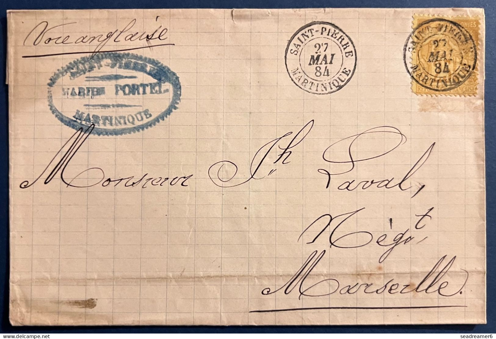 Lettre De MARTINIQUE N°53 25c Jaune Bistre Oblitéré "SAINT-PIERRE / MARTINIQUE " Du 27 MAI 1884 Pour MARSEILLE - Covers & Documents