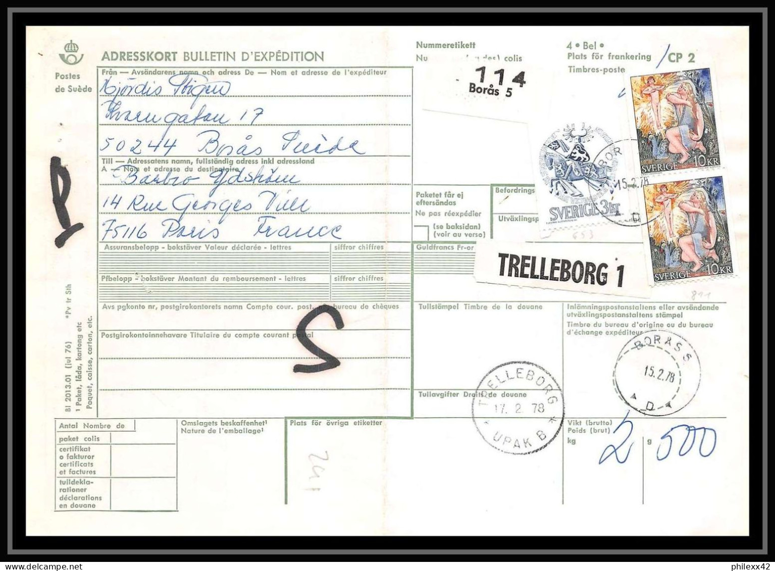 54230 1978 Bulletin D'expedition Suède Sweden - Brieven En Documenten