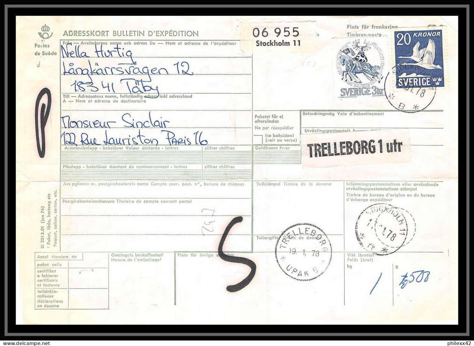 54227 1977 Bulletin D'expedition Suède Sweden - Briefe U. Dokumente
