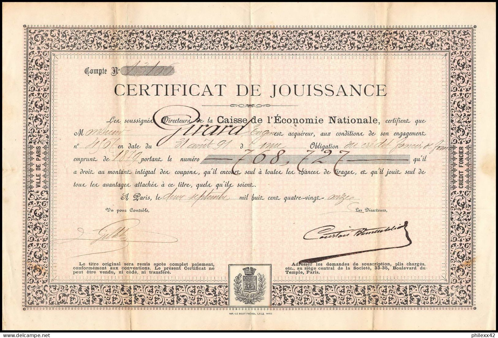51190 Certificat De Jouissance Girard Caisse De L'economie Nationale Paris 1891 Document - Bank En Verzekering