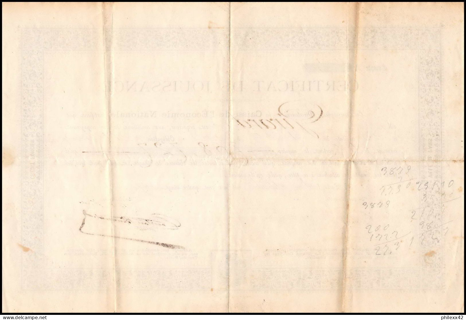 51190 Certificat De Jouissance Girard Caisse De L'economie Nationale Paris 1891 Document - Banco & Caja De Ahorros