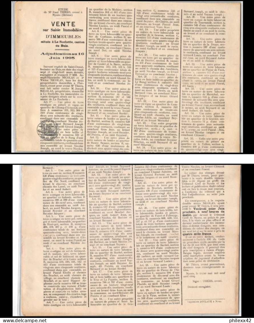 51191 Drome Nyons Etude Thiers Adjudication Juin 1905 Affiches Document - Gesetze & Erlasse