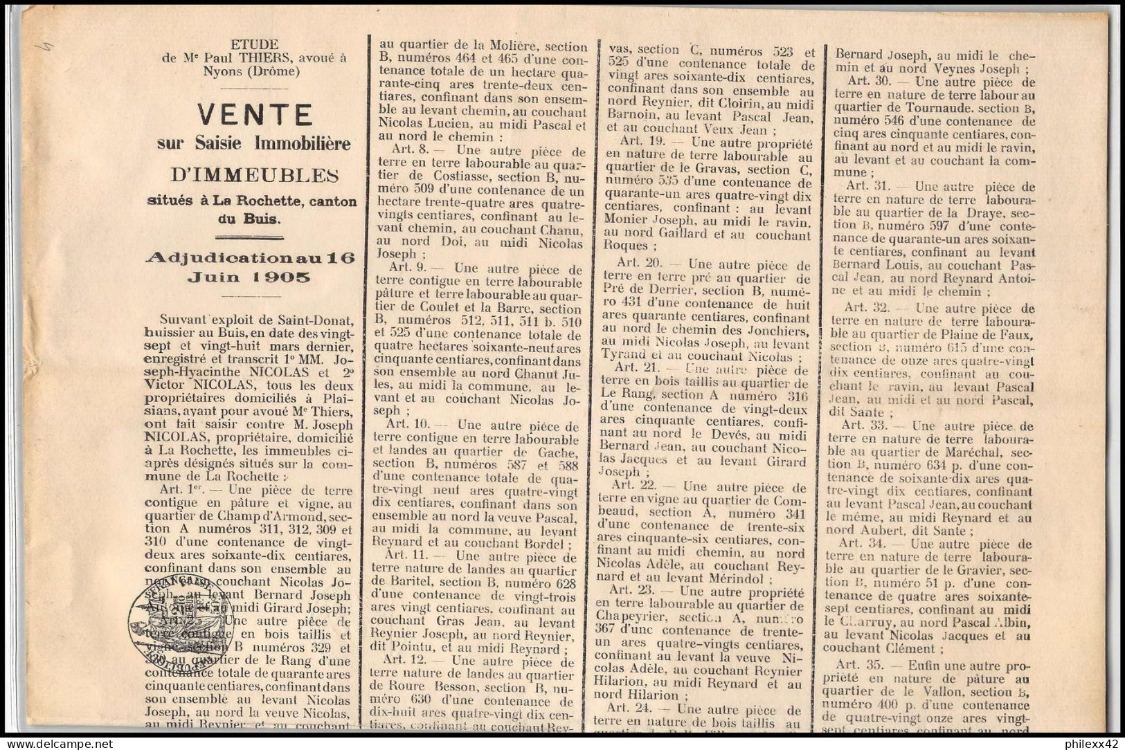 51191 Drome Nyons Etude Thiers Adjudication Juin 1905 Affiches Document - Decreti & Leggi