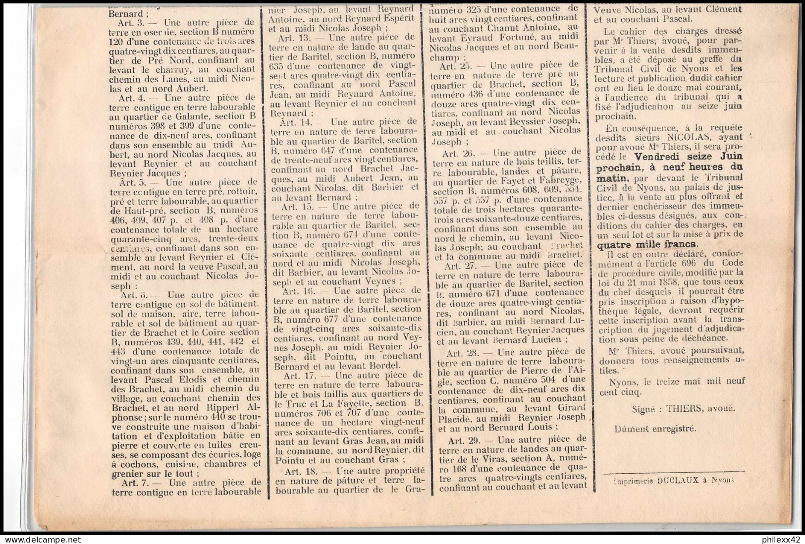 51191 Drome Nyons Etude Thiers Adjudication Juin 1905 Affiches Document - Decrees & Laws