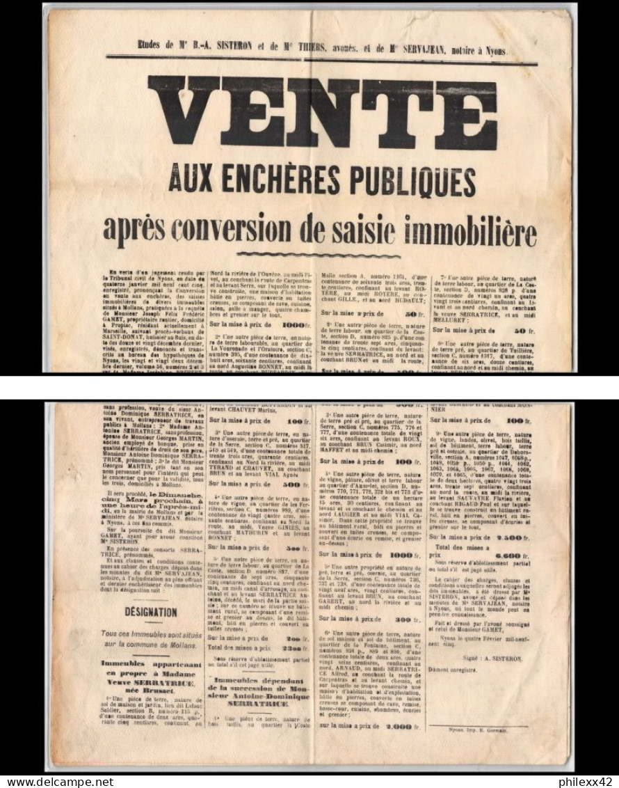 51195 Drome Nyons Etudes Thiers Sisteron Cotte Vente Encheres Pulique 1905 Immobilere 1908 Affiches Document - Wetten & Decreten