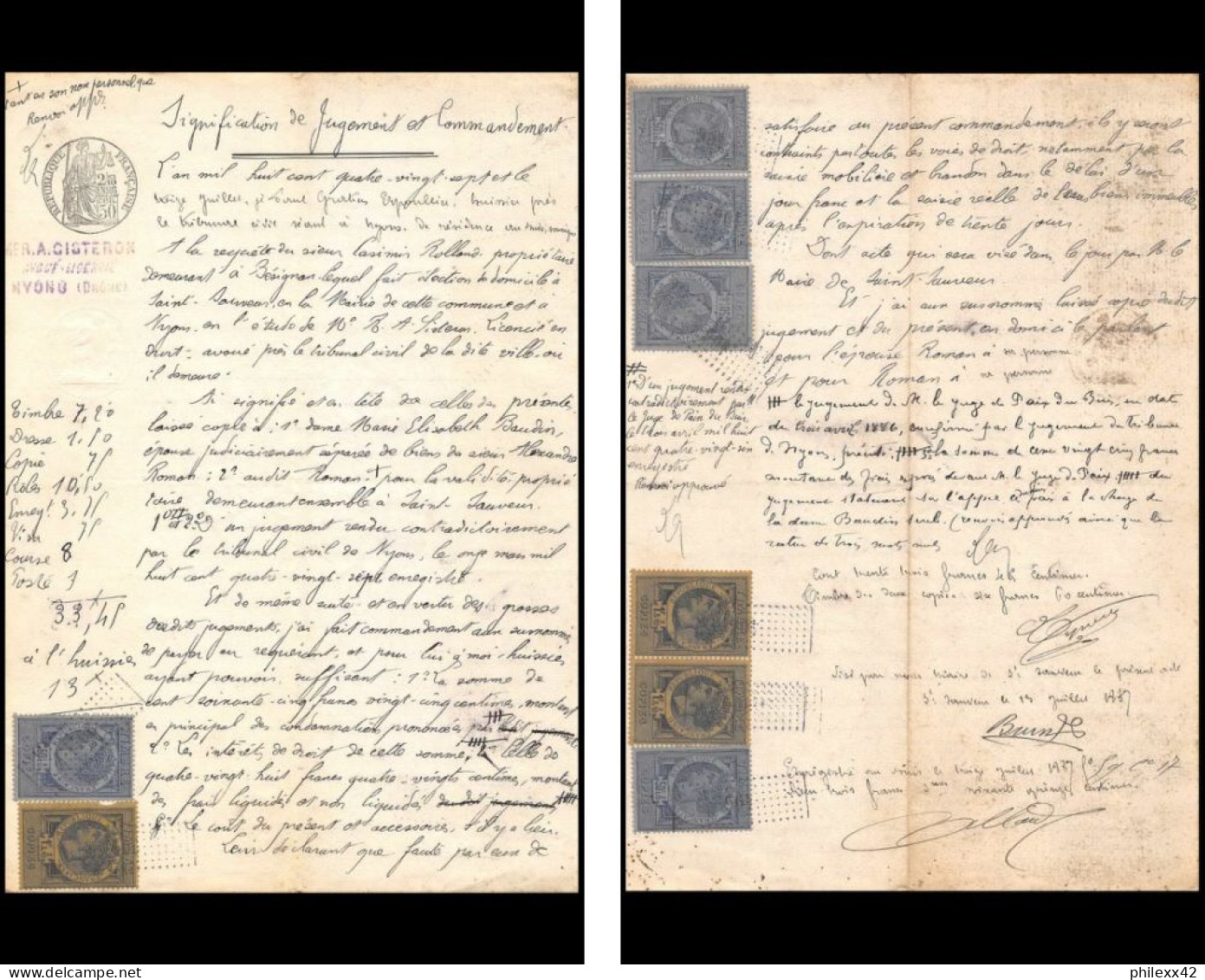 51085 Copies Dimension Y&t N°9 11 Affranchissement Multiples 1887 Drome Nyons Timbre Fiscal Fiscaux Sur Document - Covers & Documents