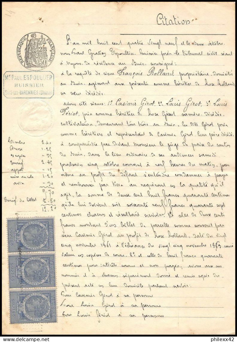 51070 Copies Dimension Y&t N°9 Syracusaine X3 1889 Drome Buis-les-Baronnies Timbre Fiscal Fiscaux Sur Document - Briefe U. Dokumente