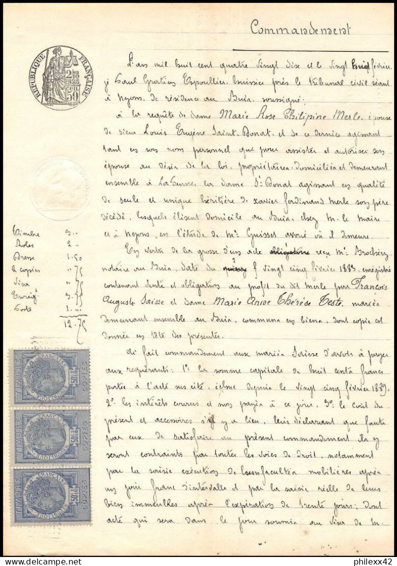 51072 Copies Dimension Y&t N°9 Syracusaine X4 1890 Drome Buis-les-Baronnies Timbre Fiscal Fiscaux Sur Document - Lettres & Documents
