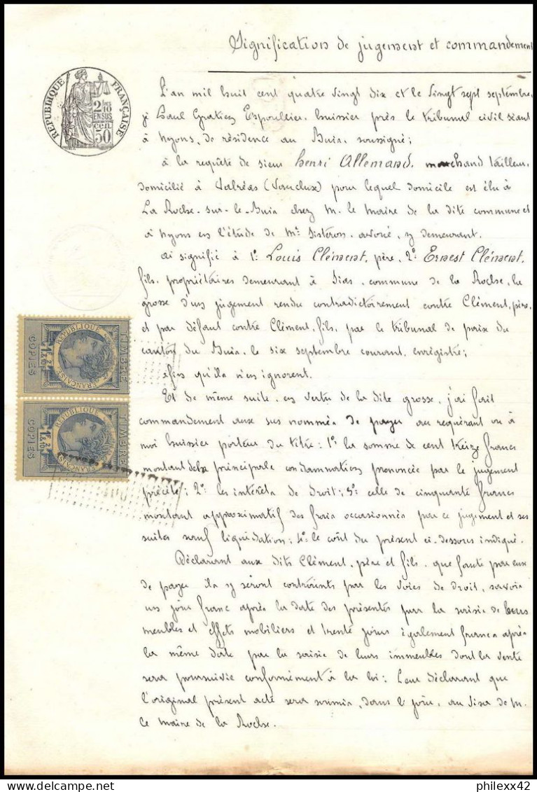 51048 Drome Buis-les-Baronnies Copies Dimension Y&t N°11 Paire Syracusaine 1890 Timbre Fiscal Fiscaux Sur Document - Covers & Documents
