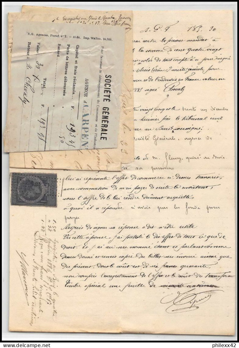 51032 Drome Buis Carpentras Copies Dimension Y&t N°5 Syracusaine 1885 Societe Generale Timbre Fiscal Fiscaux Document - Storia Postale