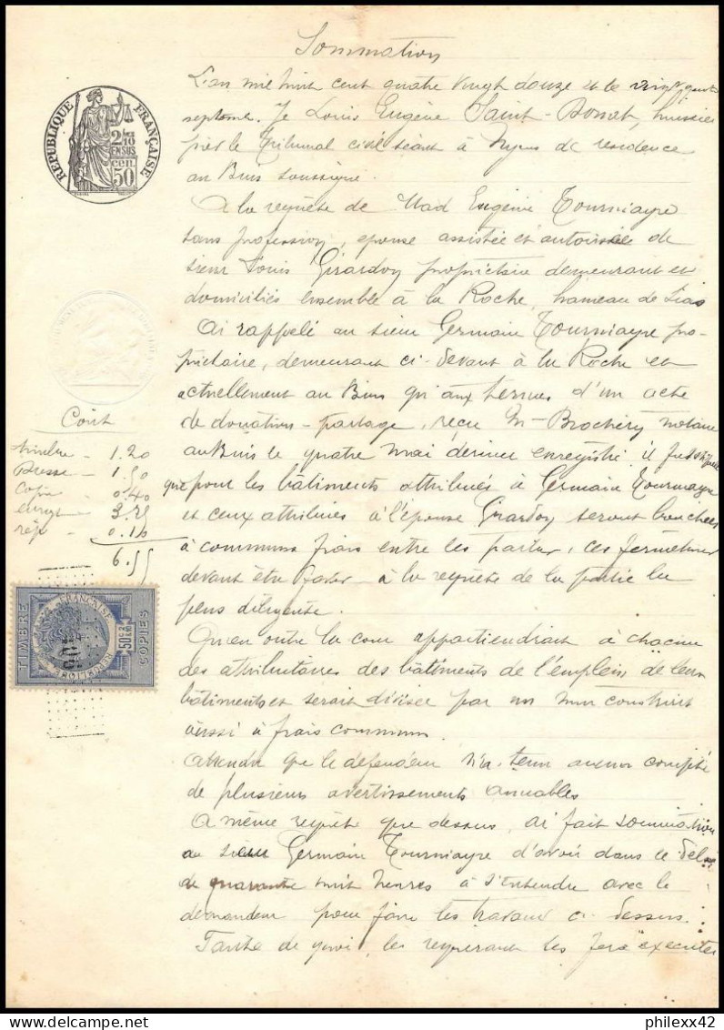 51020 Drome Buis-les-Baronnies Copies Dimension Y&t N°9 Syracusaine 1892 TB Timbre Fiscal Fiscaux Sur Document - Lettres & Documents