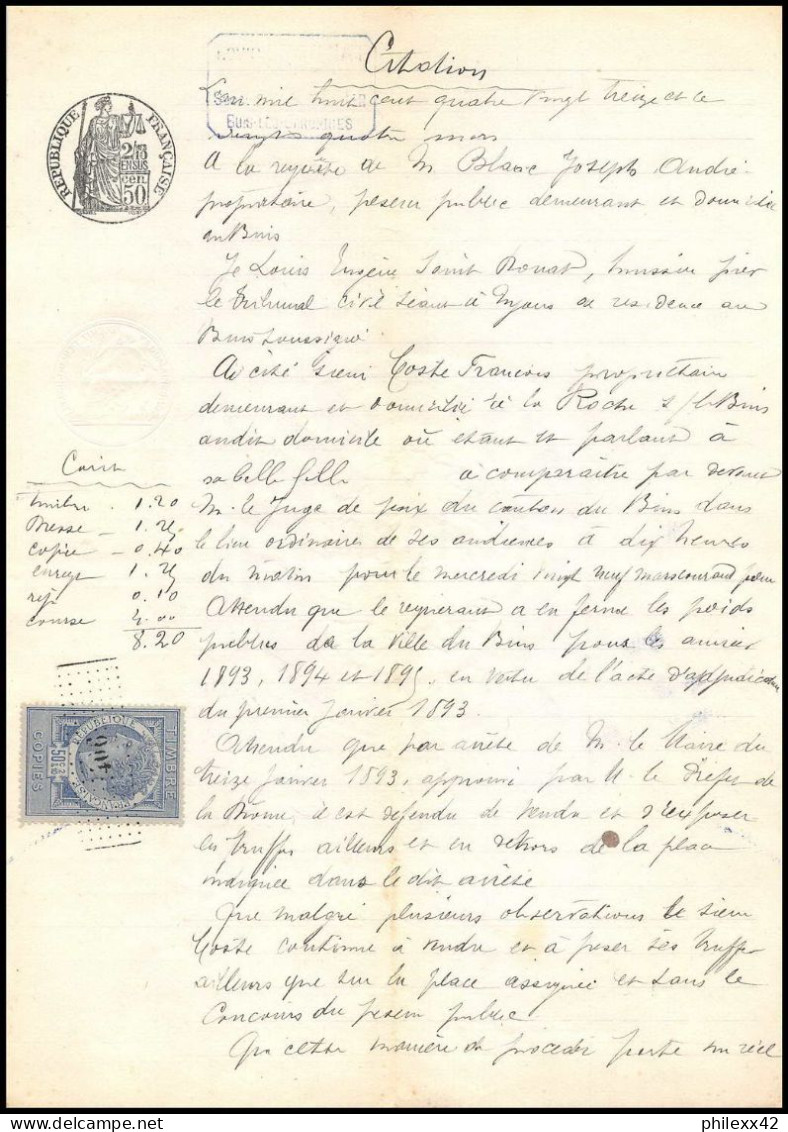 51021 Drome Buis-les-Baronnies Copies Dimension Y&t N°9 Syracusaine 1893 TB Timbre Fiscal Fiscaux Sur Document - Storia Postale