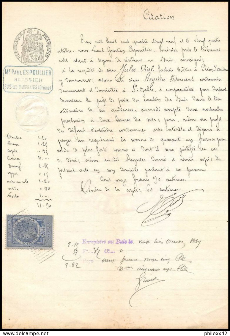 51006 Drome Buis-les-Baronnies Copies Dimension Y&t N°9 Syracusaine 1889 TB Timbre Fiscal Fiscaux Sur Document - Storia Postale