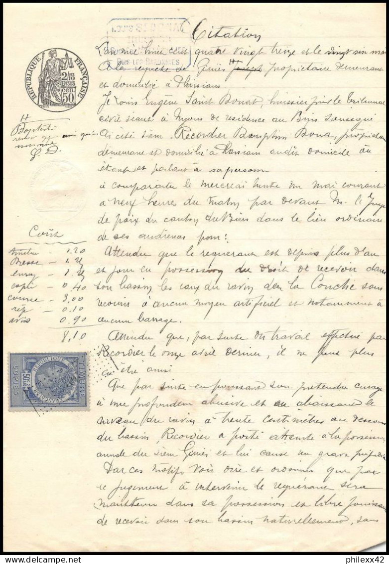 51011 Drome Buis-les-Baronnies Copies Dimension Y&t N°9 Syracusaine 1893 TB Timbre Fiscal Fiscaux Sur Document - Lettres & Documents