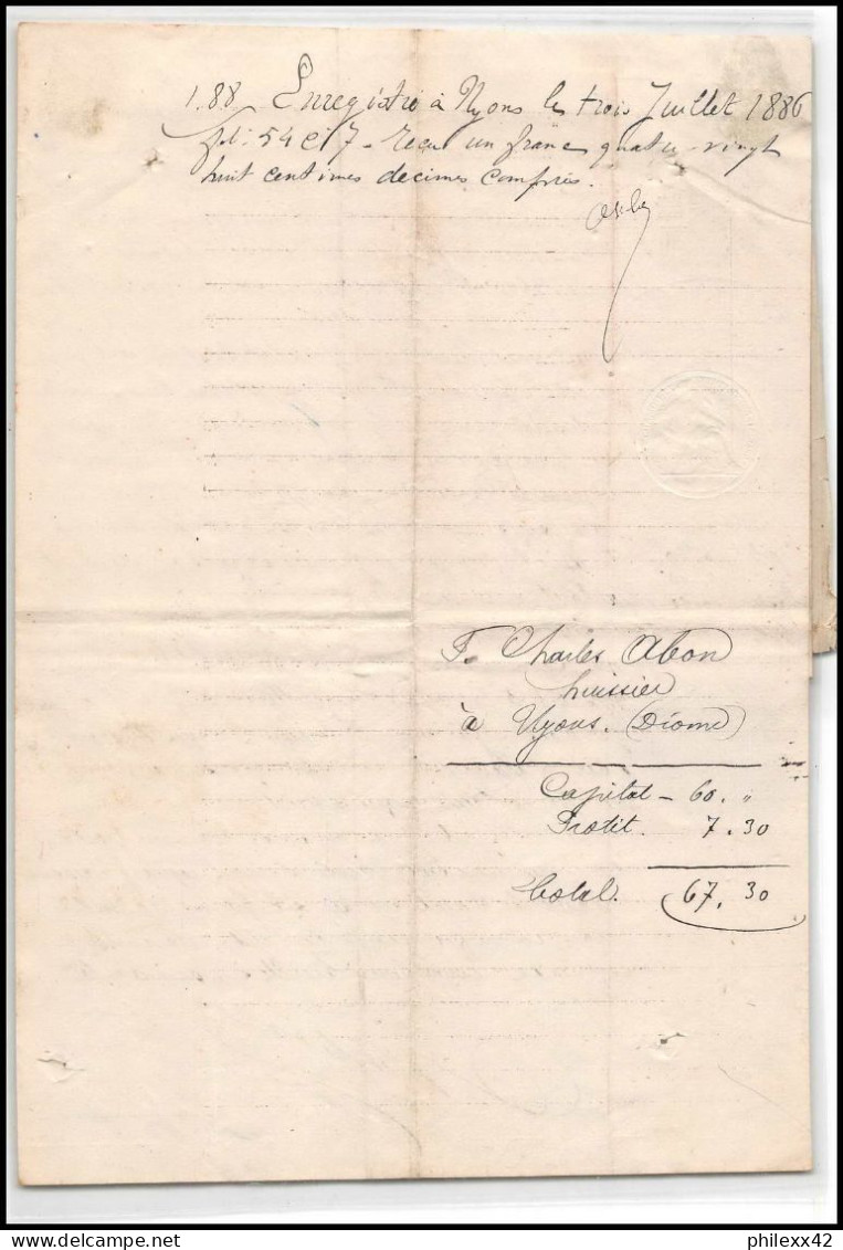 51005 Drome Nyons Carpentras Cachet Rouge Copies Dimension Y&t N°9 Syracusaine 1886 TB Timbre Fiscal Fiscaux Document - Brieven En Documenten