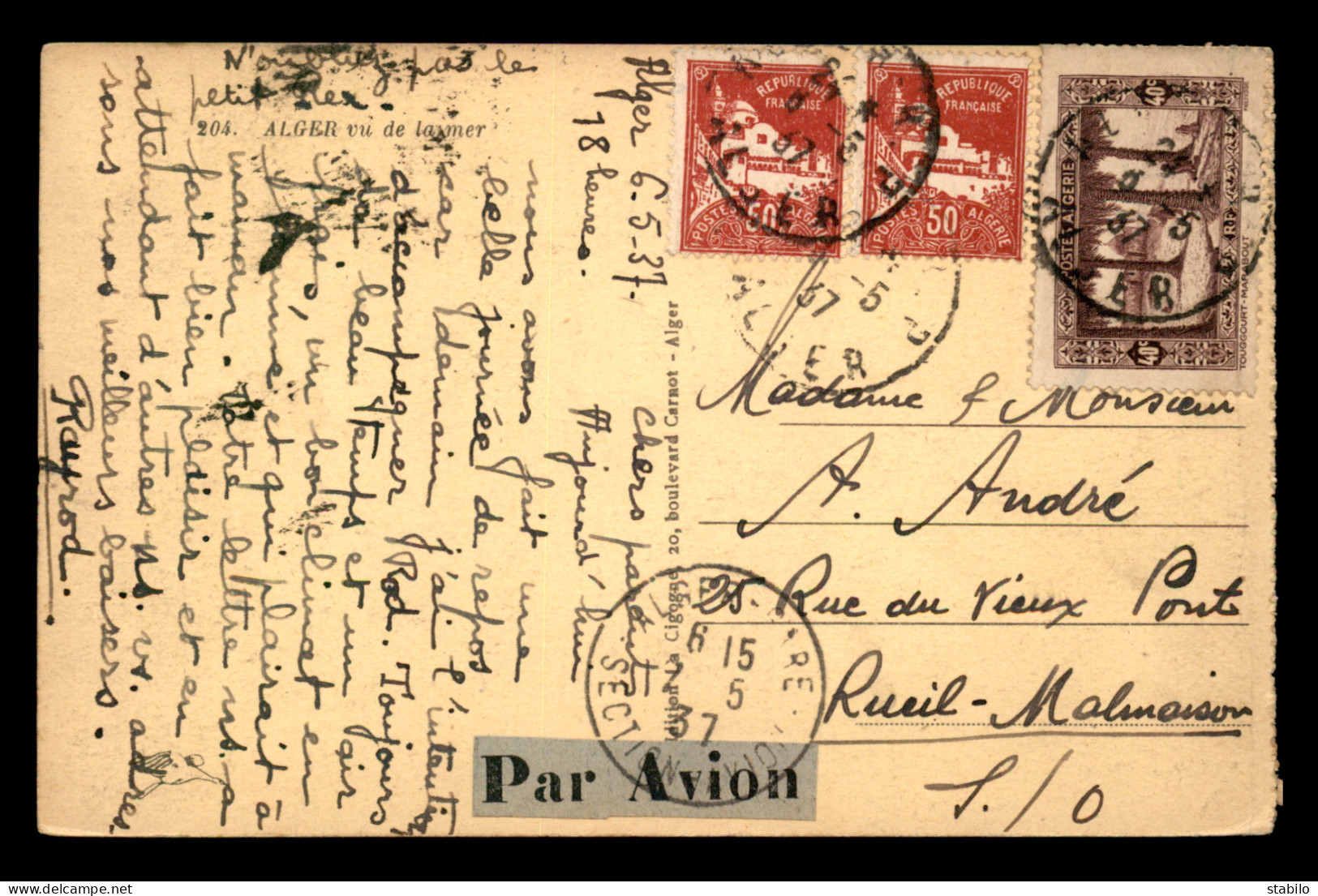 CARTE D'ALGER (ALGERIE) AYANT VOYAGE PAR AVION VERS RUEIL-MALMAISON (FRANCE) EN 1937 - Luchtpost