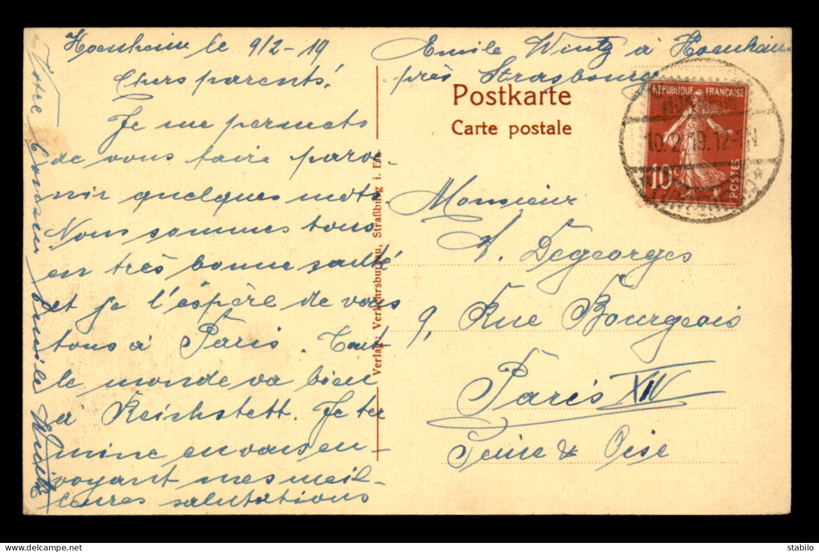 CACHET ALLEMAND DE STRASBOURG DU 10 FEVRIER 1919 SUR TIMBRE FRANCAIS - Aushilfsstempel