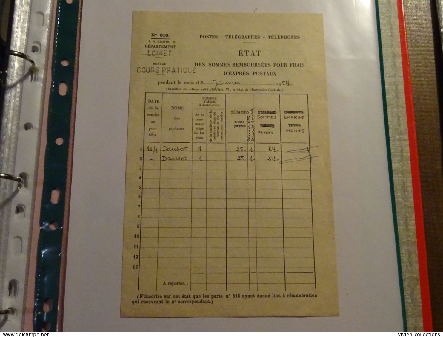 France Cours Pratique D'instruction Orléans 1954 état Des Sommes Remboursées Pour Frais D'exprès Postaux (journaux ?) - Cours D'Instruction