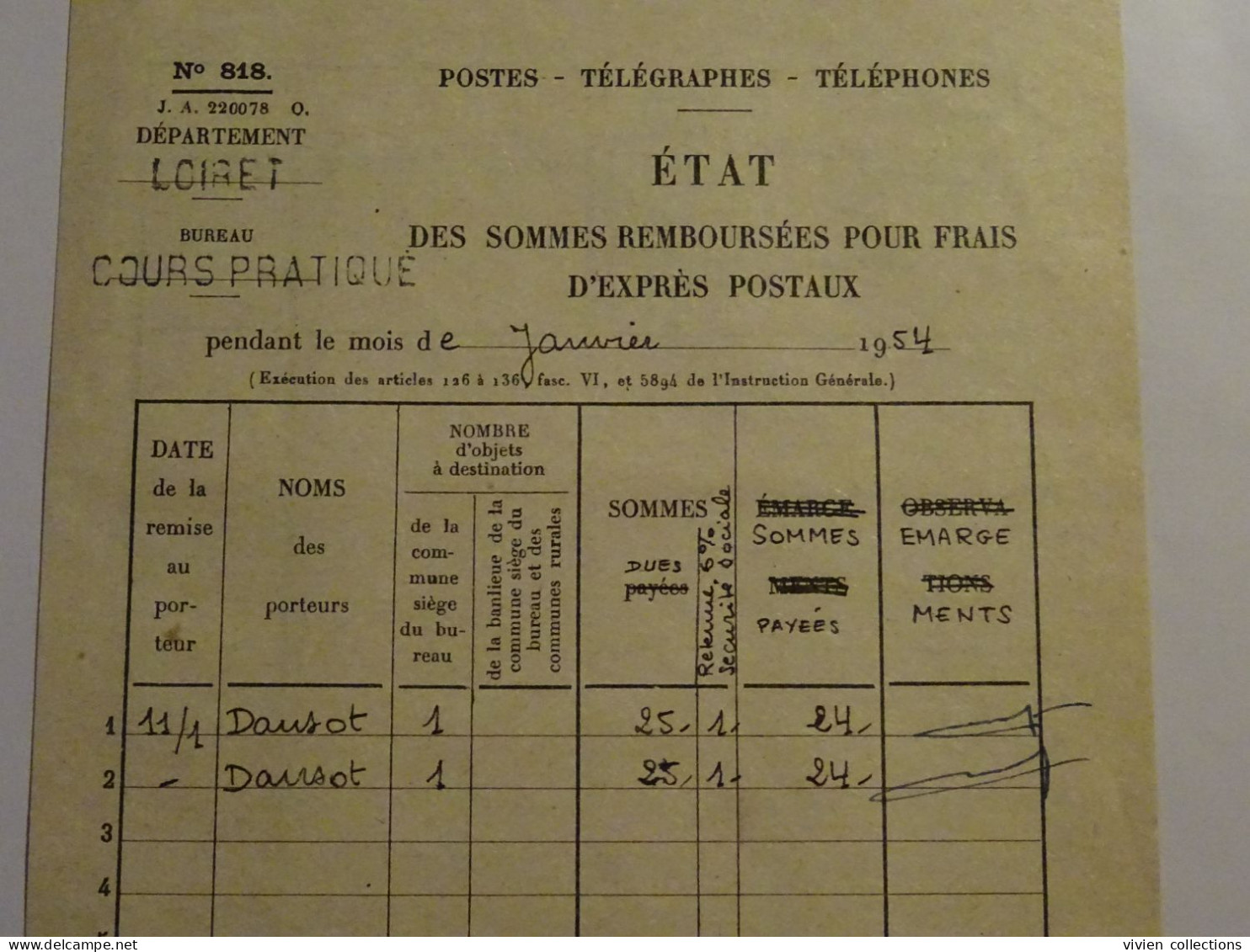 France Cours Pratique D'instruction Orléans 1954 état Des Sommes Remboursées Pour Frais D'exprès Postaux (journaux ?) - Lehrkurse