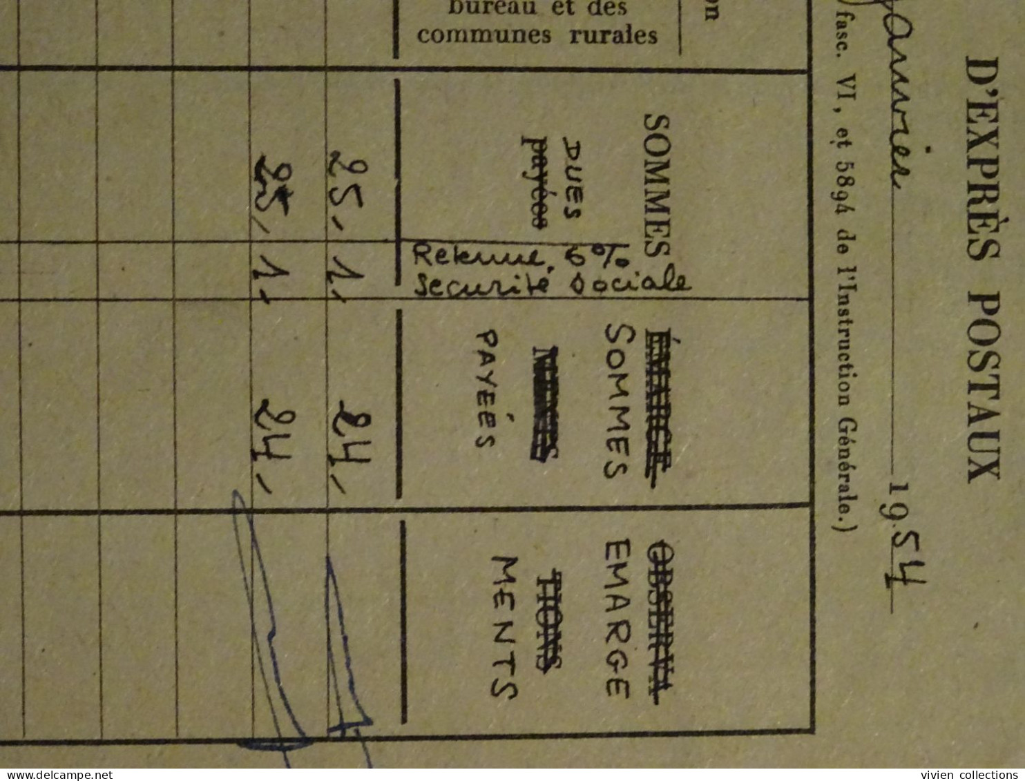 France Cours Pratique D'instruction Orléans 1954 état Des Sommes Remboursées Pour Frais D'exprès Postaux (journaux ?) - Cursussen