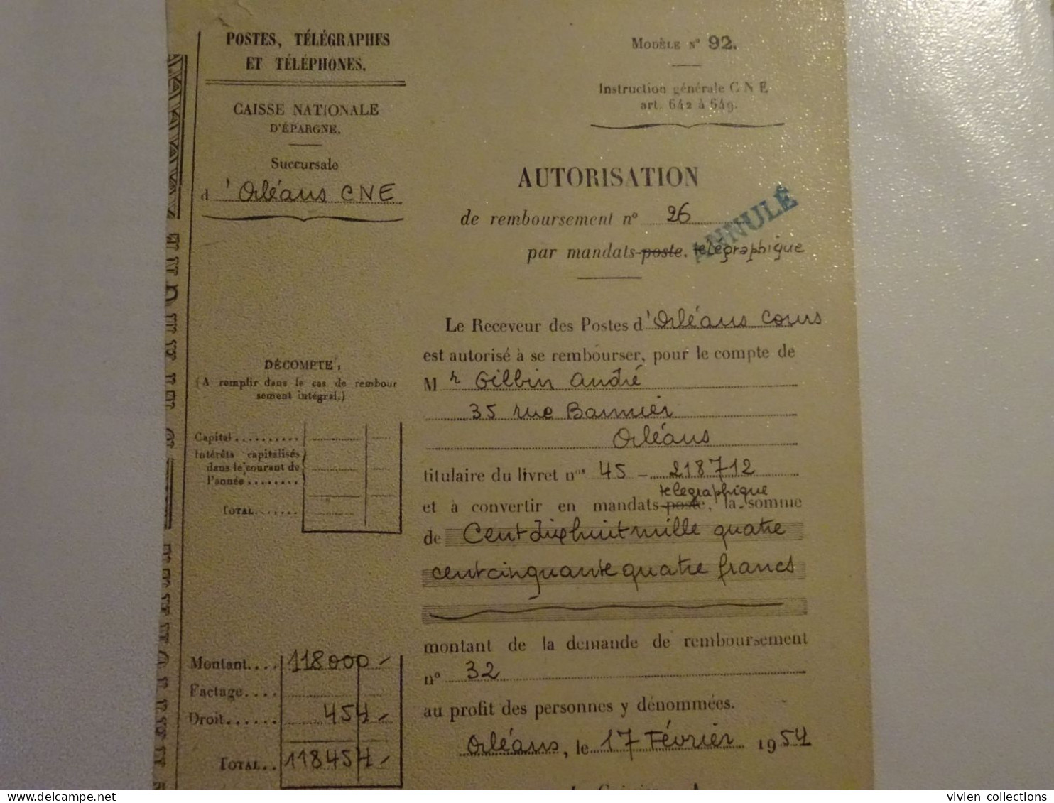 France Cours Pratique D'instruction Orléans 1954 Mandat Télégraphique / Autorisation De Remboursement Annulé Pour Nantes - Cours D'Instruction