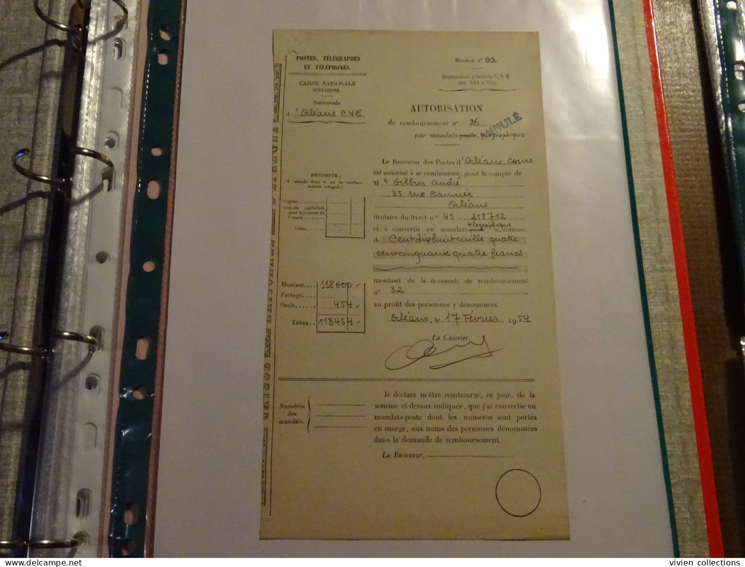 France Cours Pratique D'instruction Orléans 1954 Mandat Télégraphique / Autorisation De Remboursement Annulé Pour Nantes - Cours D'Instruction