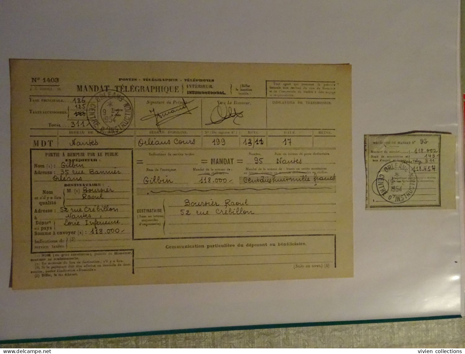 France Cours Pratique D'instruction Orléans 1954 Mandat Télégraphique / Autorisation De Remboursement Annulé Pour Nantes - Cursussen