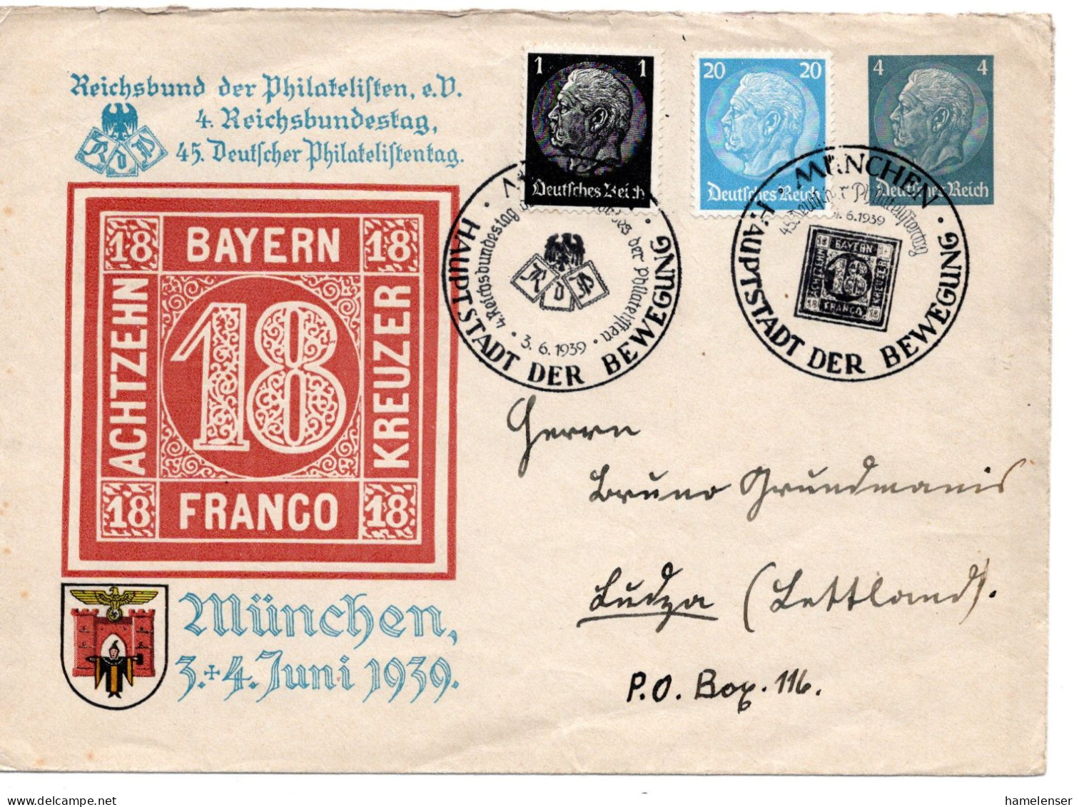 63630 - Deutsches Reich - 1939 - 4Pfg Hindenburg PGAU "Philatelistentag" M ZusFr SoStpl MUENCHEN - ... -> Lettland - Timbres Sur Timbres