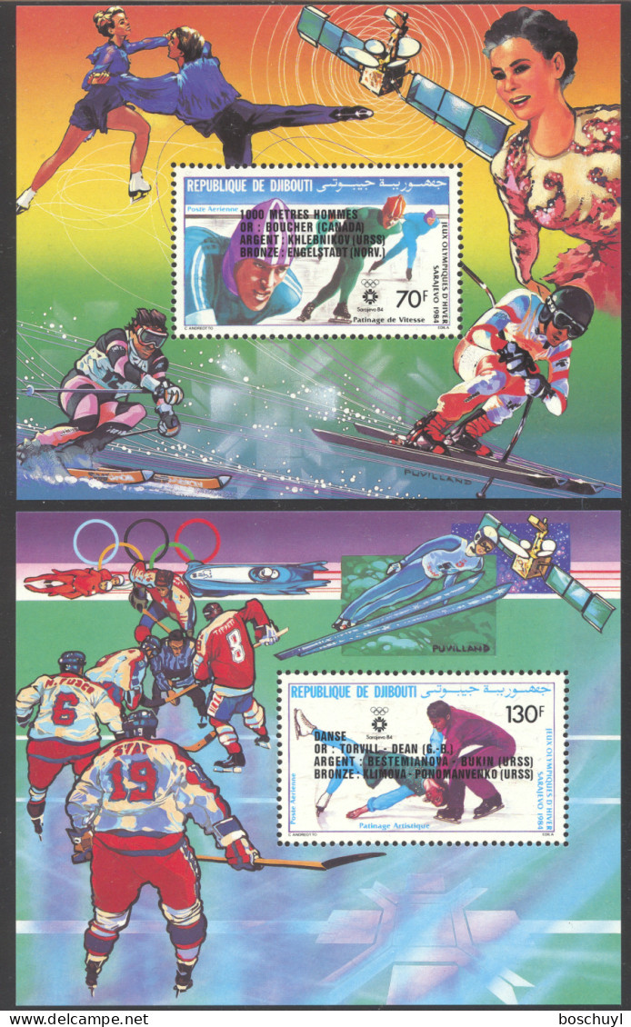 Djibouti, 1984, Olympic Winter Games Sarajevo, Ice Hockey, Skating, Skiing, Space, Overprinted, MNH, Michel Block 96-97A - Dschibuti (1977-...)