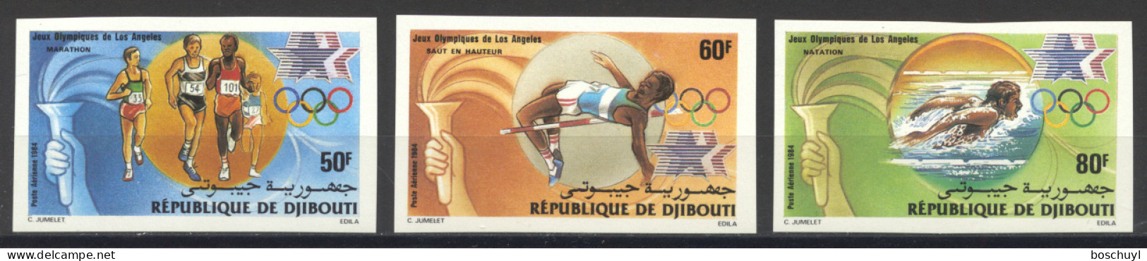 Djibouti, 1984, Olympic Summer Games Los Angeles, Marathon, High Jump, Swimming, Imperforated, MNH, Michel 409-411B - Djibouti (1977-...)