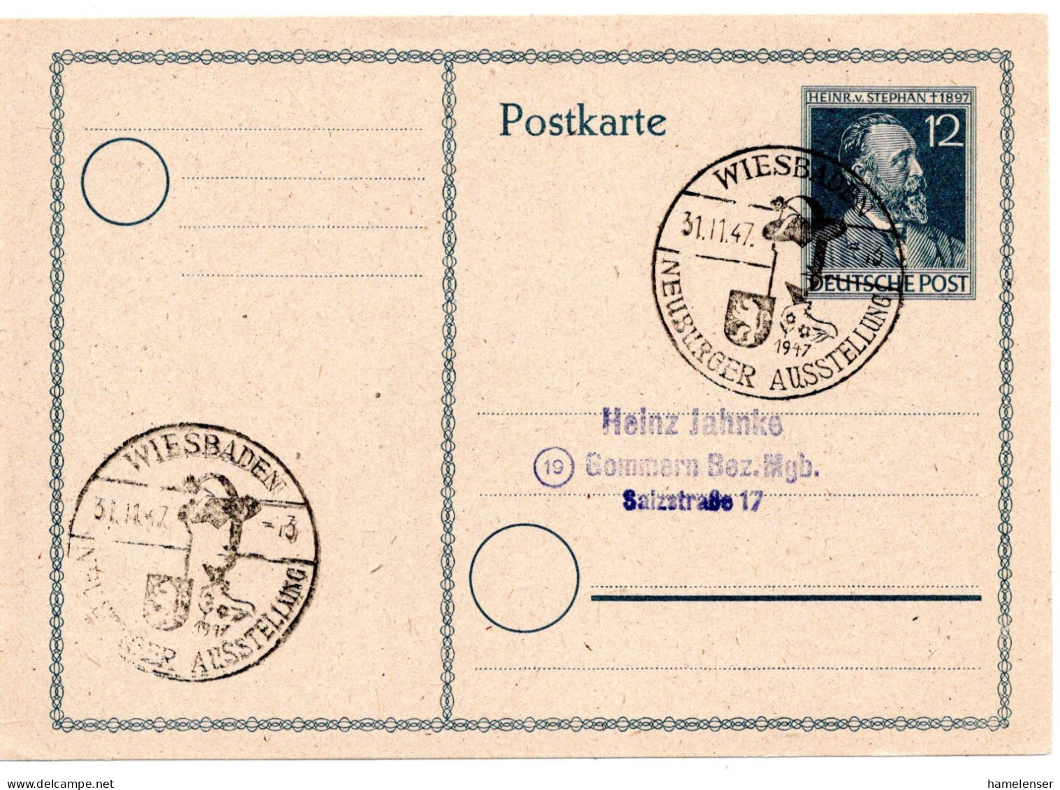 63639 - Alliierte Besetzung - 1947 - 12Pfg Stephan GAKte SoStpl WIESBADEN - NEUBURGER AUSSTELLUNG -> SBZ - Postal  Stationery