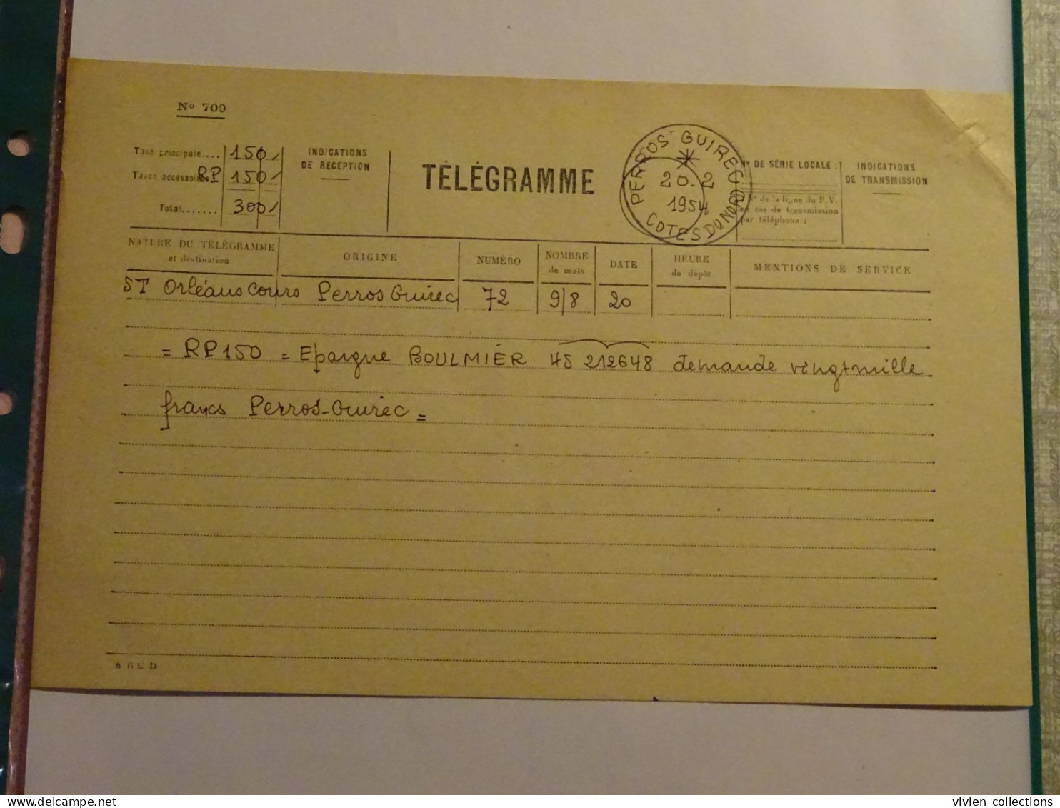 France Cours Pratique D'instruction Orléans 1954 Télégramme CCNE Remboursement A Vue Télégraphique Pour Perros Guirec 22 - Cours D'Instruction