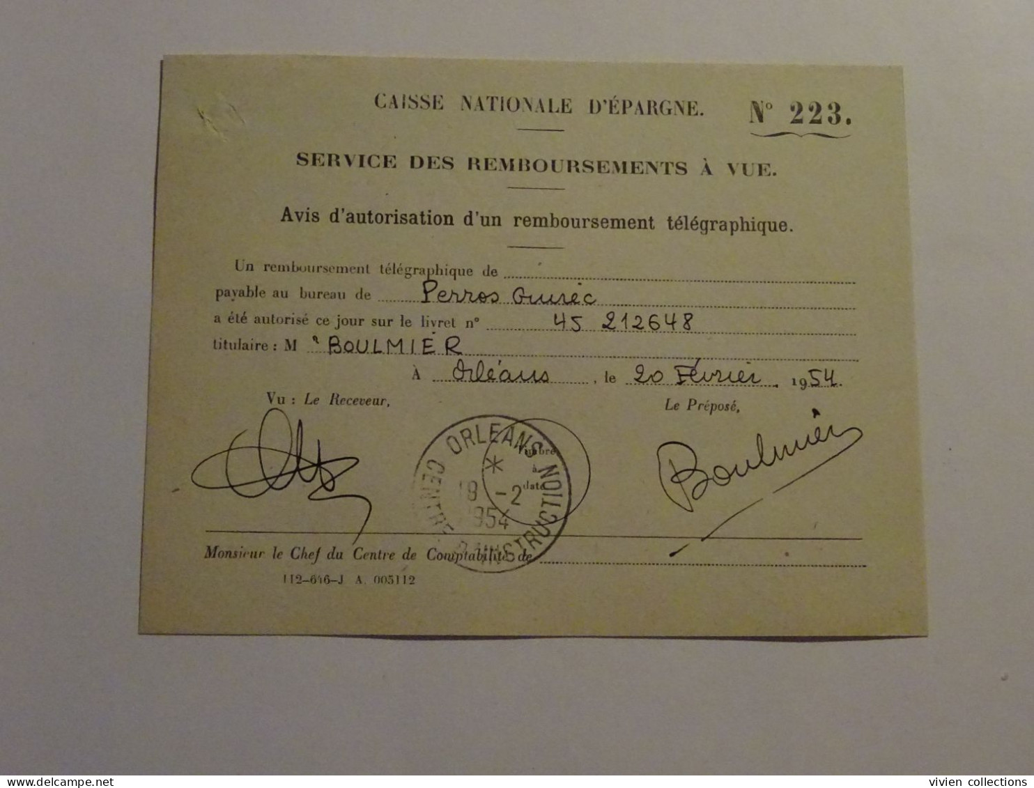 France cours pratique d'instruction Orléans 1954 télégramme CCNE remboursement a vue télégraphique pour Perros Guirec 22