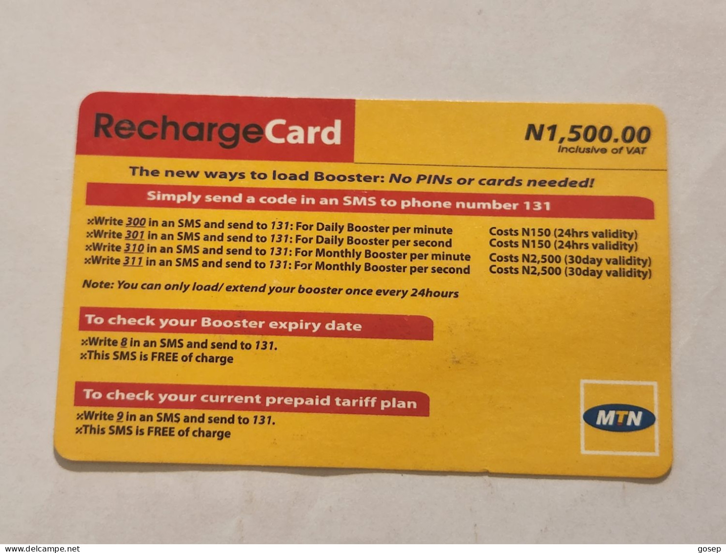 NIGERIA(NG-MTN-REF-0016C)-Ways To Load Booster-(67)-(9577-8808-6011)-(N1.500.00)-used Card - Nigeria