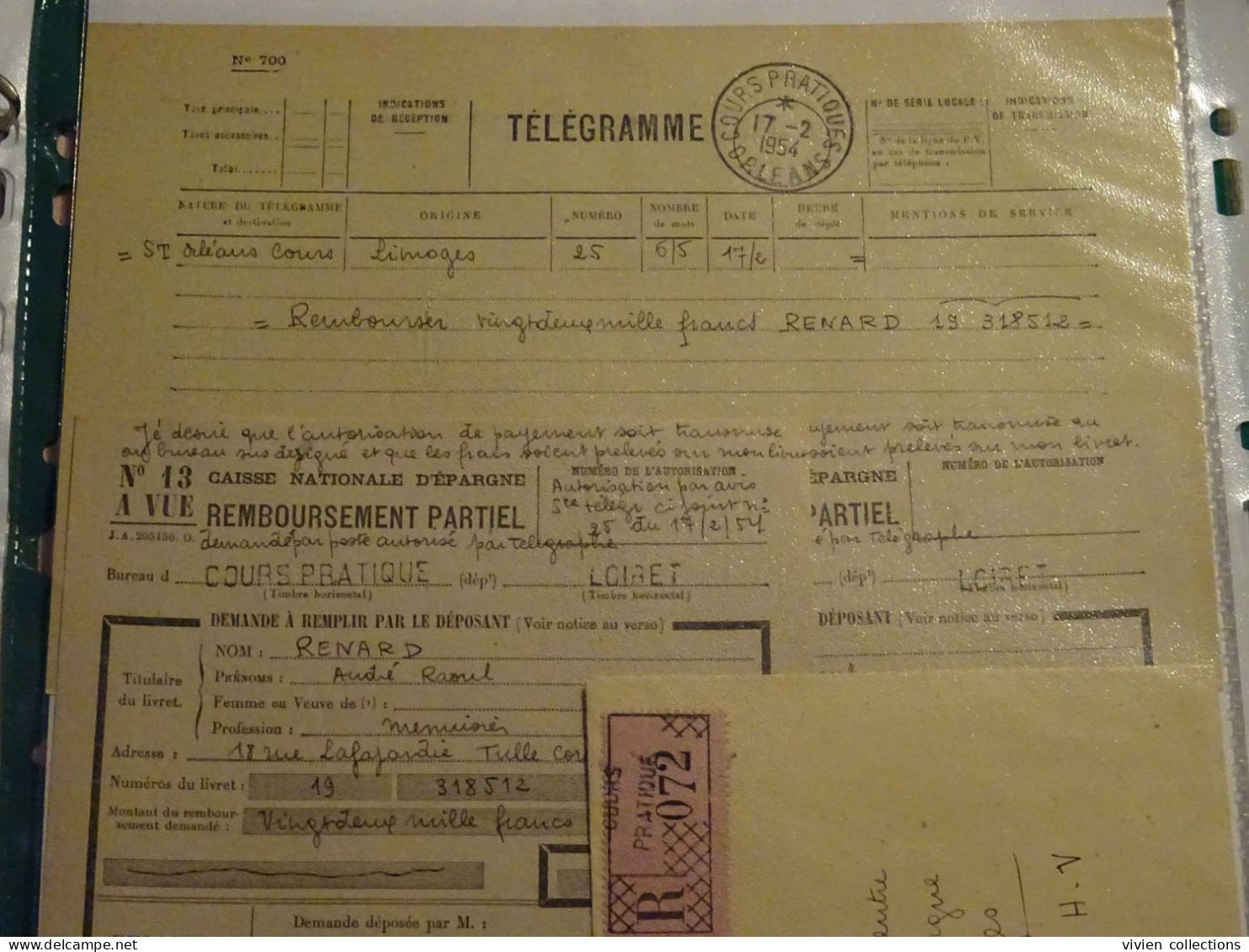 France Cours Pratique D'instruction Orléans 1954 Télégramme Remboursement A Vue Partiel CNE M. Renard Menuisier à Tulle - Lehrkurse