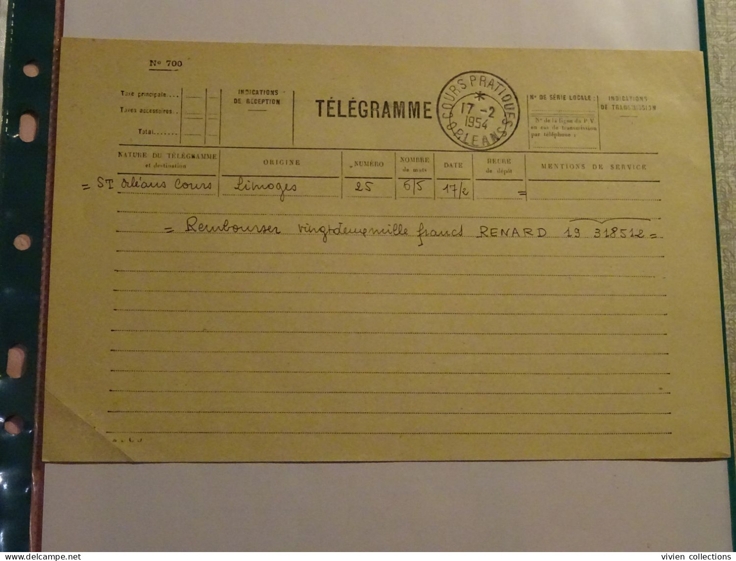 France Cours Pratique D'instruction Orléans 1954 Télégramme Remboursement A Vue Partiel CNE M. Renard Menuisier à Tulle - Cours D'Instruction