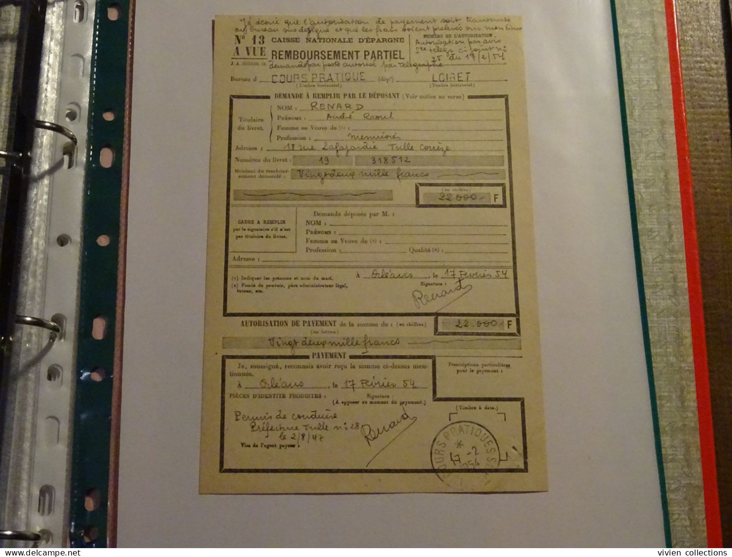 France Cours Pratique D'instruction Orléans 1954 Télégramme Remboursement A Vue Partiel CNE M. Renard Menuisier à Tulle - Cours D'Instruction