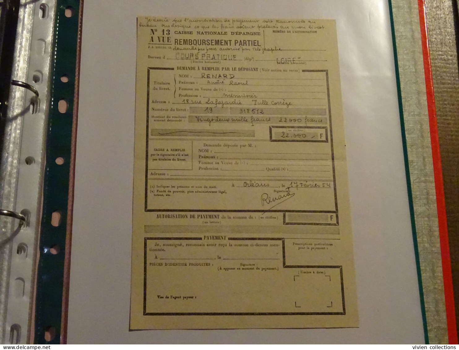 France cours pratique d'instruction Orléans 1954 télégramme remboursement a vue partiel CNE M. Renard Menuisier à Tulle