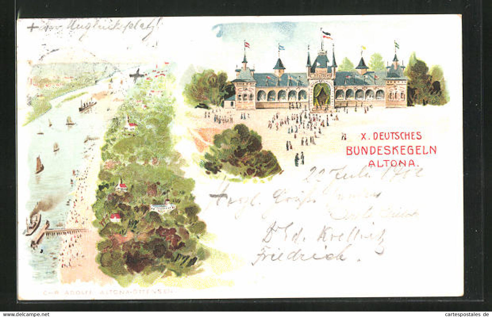 Lithographie Hamburg-Altona, X. Deutsches Bundeskegeln, Festhalle, Uferpartie Mit Booten  - Bowling