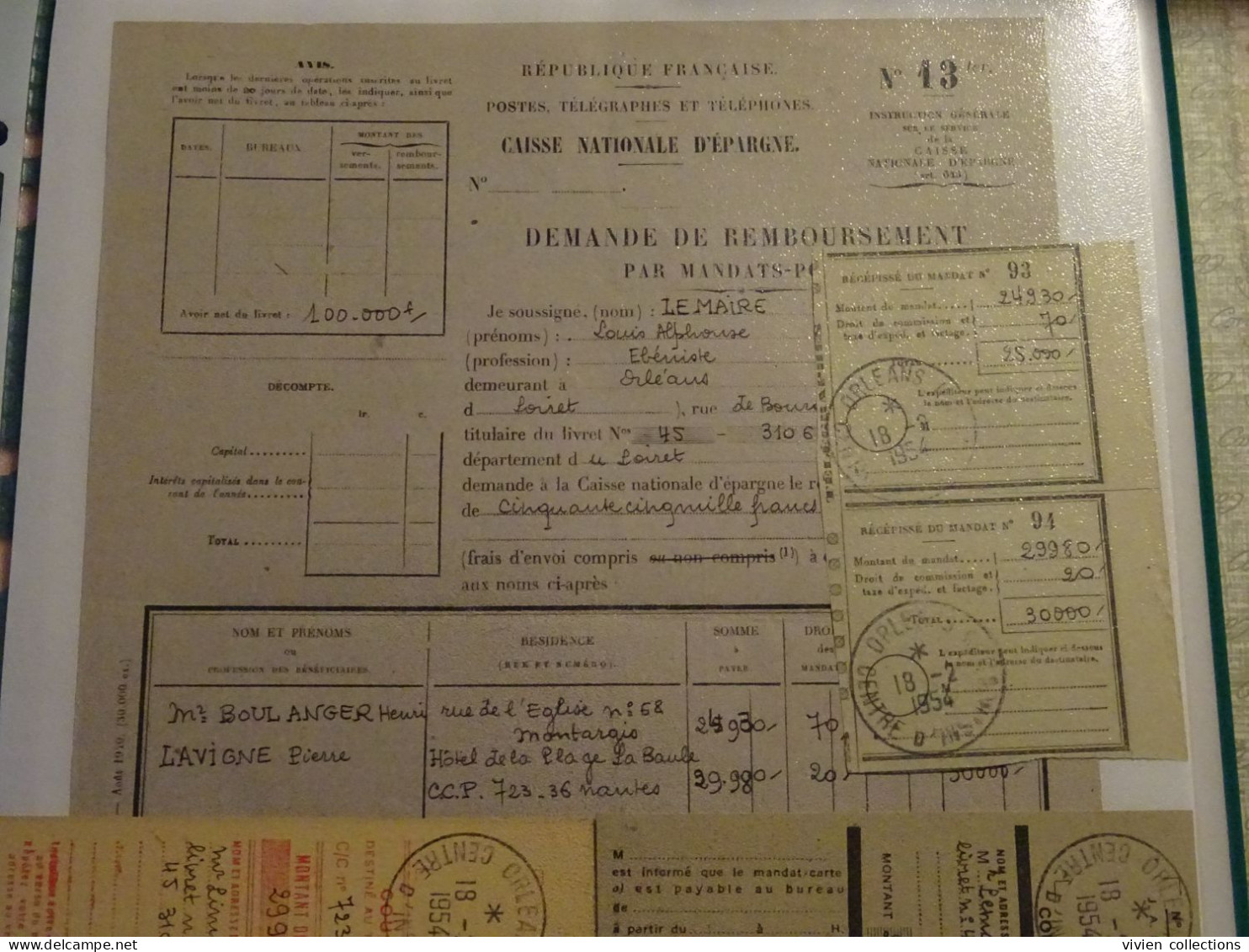 France Cours Pratique D'instruction Orléans 1954 Demande Et Remboursement Par Mandat ébéniste Pour La Baule Et Montargis - Cours D'Instruction