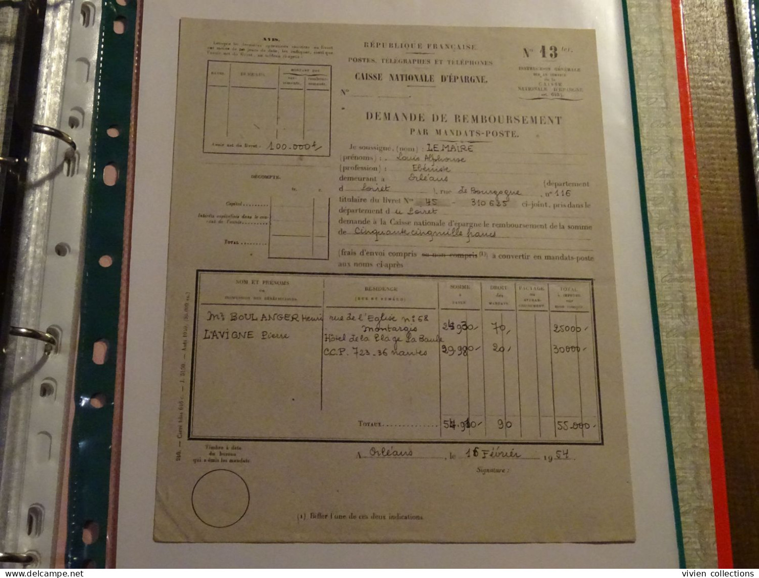 France Cours Pratique D'instruction Orléans 1954 Demande Et Remboursement Par Mandat ébéniste Pour La Baule Et Montargis - Cours D'Instruction