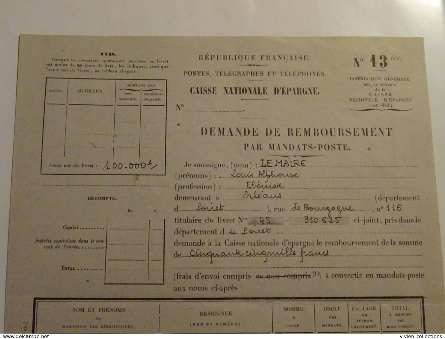 France Cours Pratique D'instruction Orléans 1954 Demande Et Remboursement Par Mandat ébéniste Pour La Baule Et Montargis - Instructional Courses