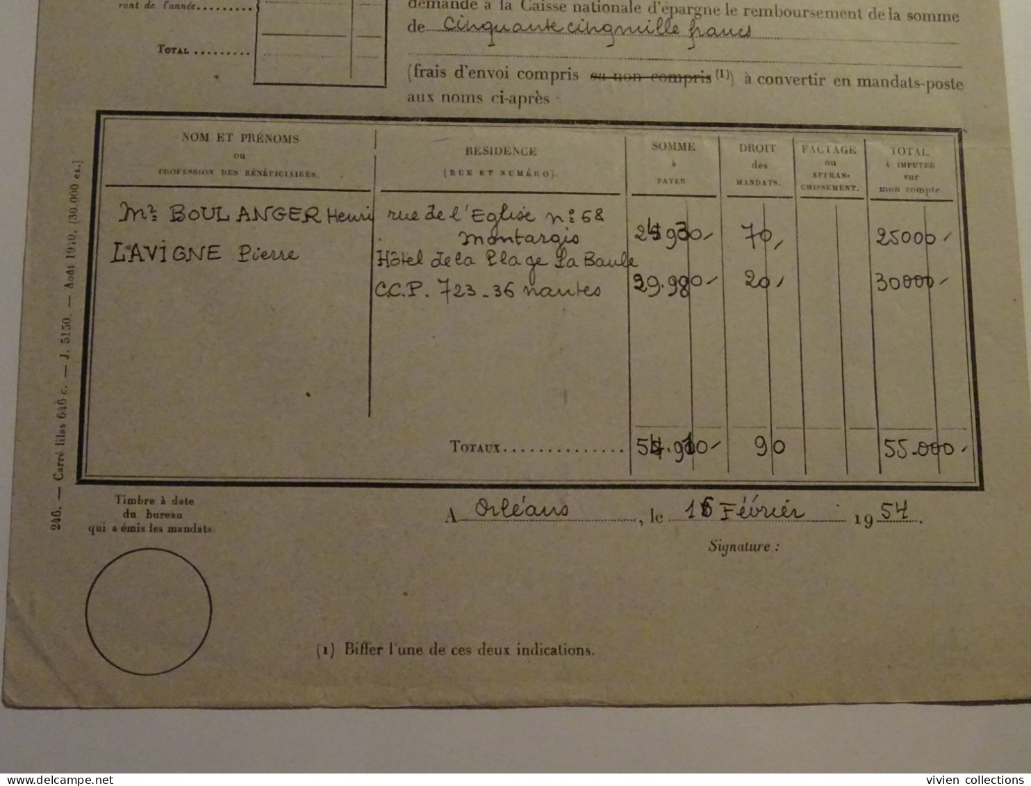 France cours pratique d'instruction Orléans 1954 demande et remboursement par mandat ébéniste pour La Baule et Montargis