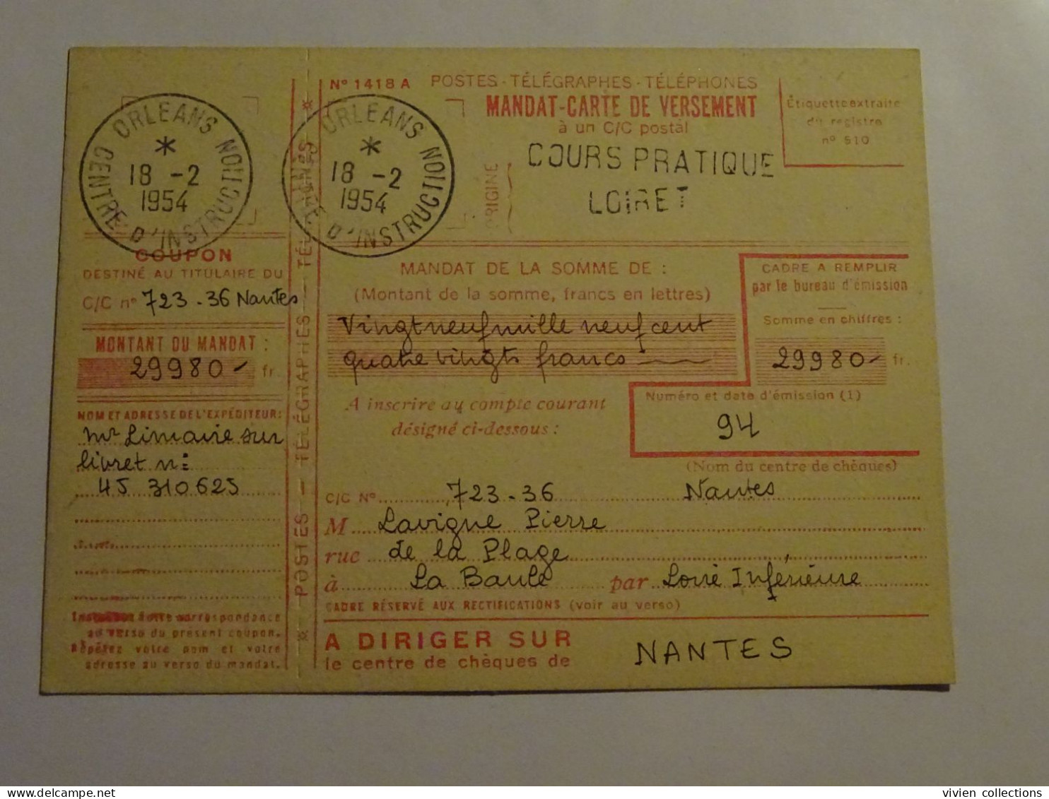 France cours pratique d'instruction Orléans 1954 demande et remboursement par mandat ébéniste pour La Baule et Montargis
