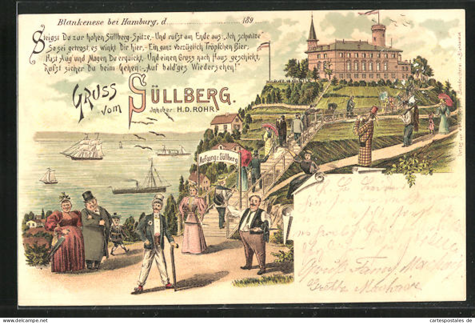 Lithographie Hamburg-Blankenese, Restaurant Süllberg, Ortspartie Mit Elbe  - Blankenese