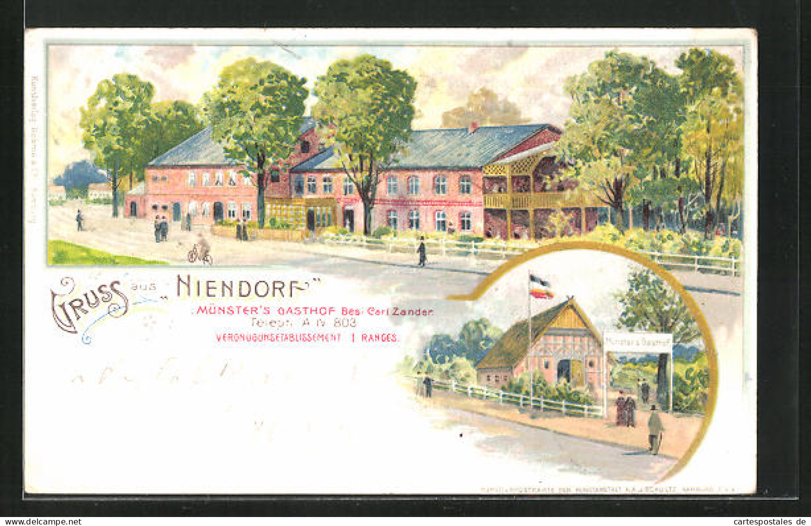 Lithographie Niendorf, Münster`s Gasthof Von Carl Zander  - Eimsbuettel