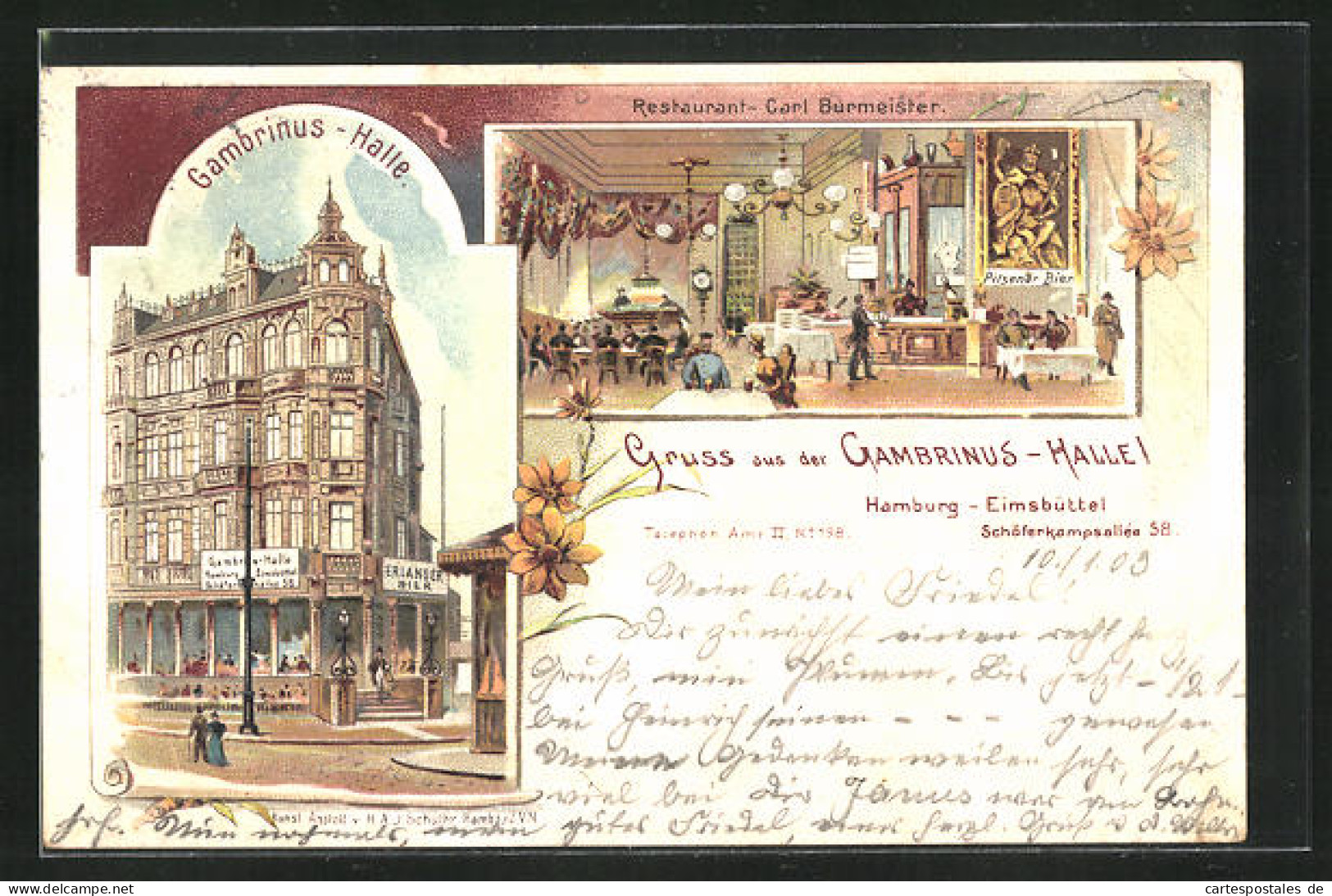 Lithographie Hamburg-Eimsbüttel, Restaurant Carl Burmeister Mit Gambrinus-Halle, Schäferkampsallee 58  - Eimsbuettel