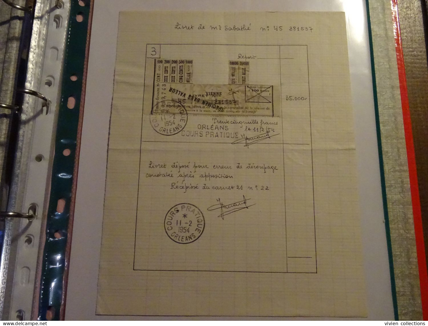 France cours pratique instruction Orléans 1954 erreur découpage constaté après apposition + corrigé livret CNE spécimen