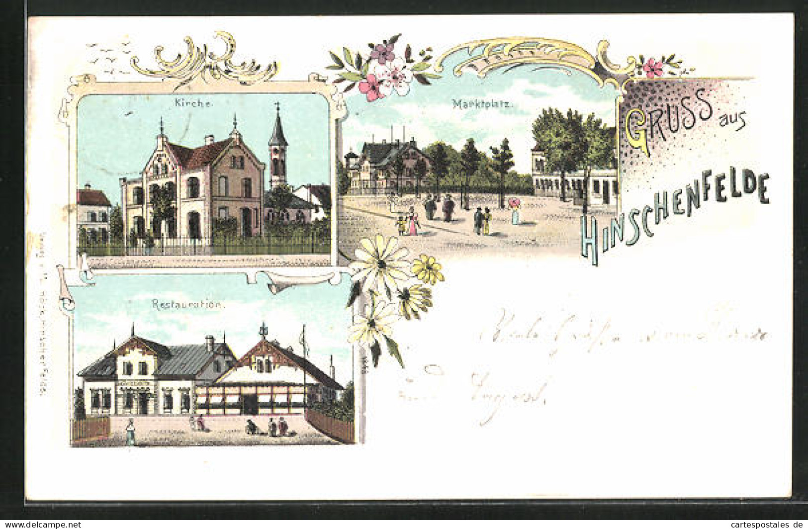 Lithographie Hamburg-Hinschenfelde, Kirche, Marktplatz, Gasthaus  - Wandsbek