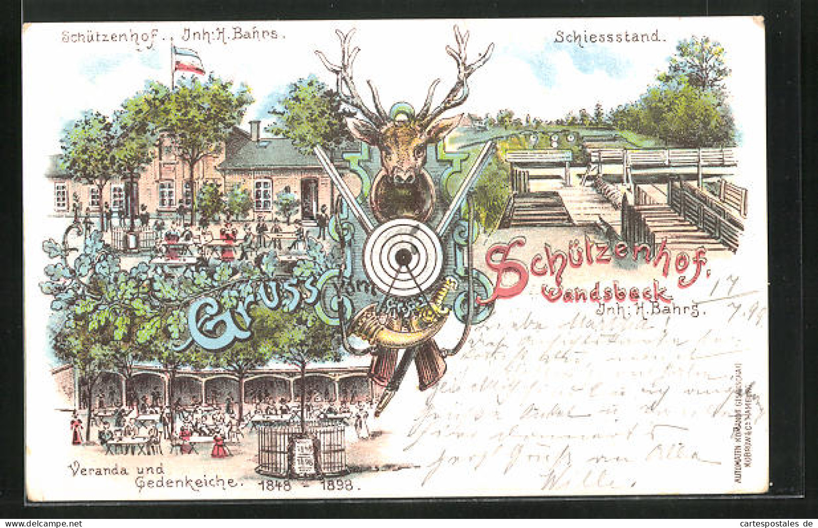 Lithographie Hamburg-Wandsbek, Gasthaus Schützenhof, Inh. H. Bahrs, Schiessstand  - Wandsbek